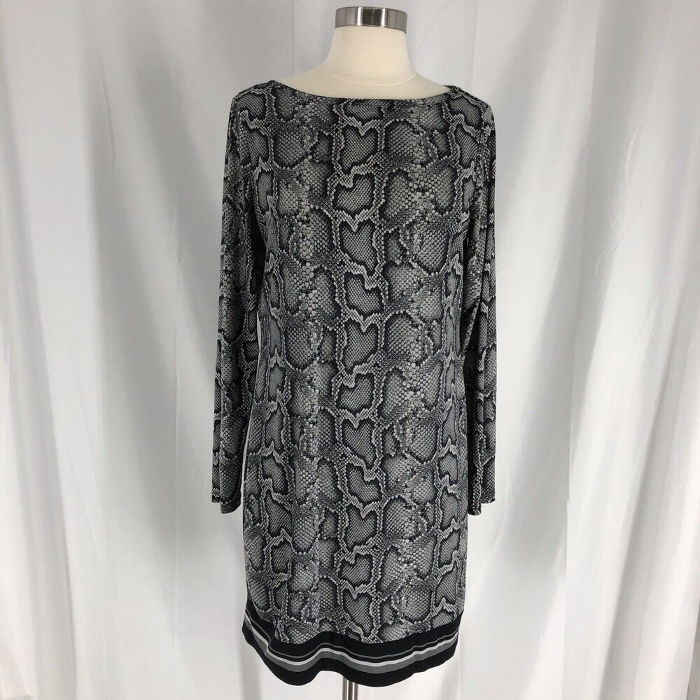Michael Kors Knit Gray & Black Snakeskin Print Long Sleeve Midi Dress, Medium